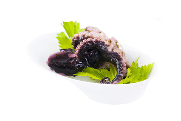 Mini canapes with seafood and vegetables and herbs and in plastic utensils isolated on white background.