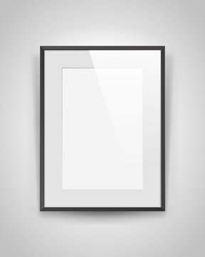 Realistic empty rectangular black frame with light passepartout on gray background, border for your creative project, mock-up sample, vector design object