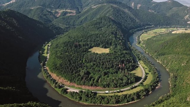 Flight over Vag river meander, near Zilina, Slovakia