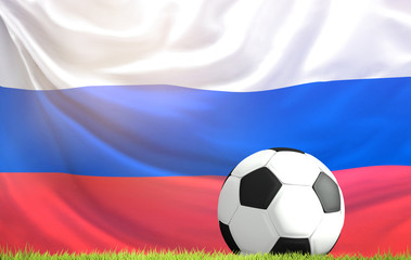 Obraz premium soccer football ball at green grass meadow blades of grass andflag of Russia 3d rendering