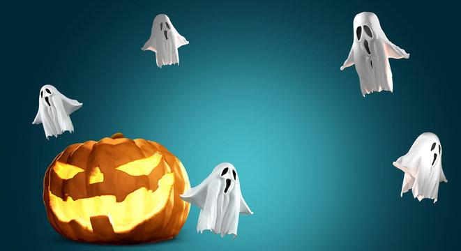 Halloween pumpkins ghosts 3d rendering