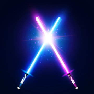Two crossed light neon swords fight. Blue and purple crossing laser sabers war. Glowing rays in space. Battle elements with star, flash and particles. Colorful vector illustration.