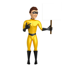 3d character in the costume of a superhero on a white background, holding in his hands a sign to place the inscription. 3d illustration
