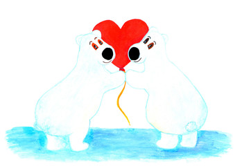 Two cute polar bears and a red heart. Watercolor illustration.