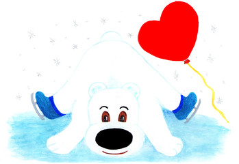 Polar bear on skates and a balloon in the shape of a heart.