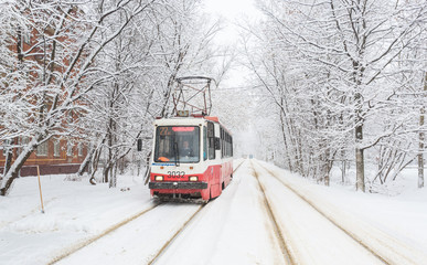 Obraz premium January 31, 2018. Moscow, Russia. Tram on the snow-covered street