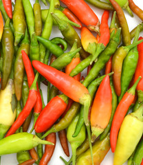 Green, red chili peppers, closeup view