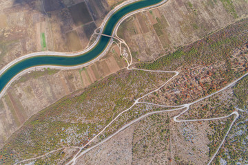 Aerial view to the valley and the Trebishnica river in the Bosnia and Hercegovina mountains.