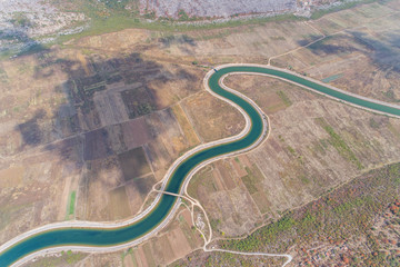 Aerial view to the valley and the Trebishnica river in the Bosnia and Hercegovina mountains.