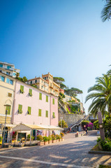 Obraz premium Narrow streets and traditional buildings of Celle Ligure, Liguria, Italy