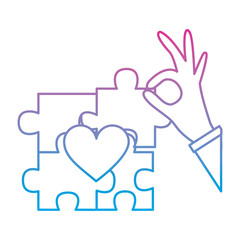 puzzle pieces heart love with hand  icon image vector illustration design  blue to purple line