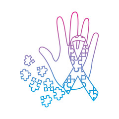 puzzle pieces with awareness ribbon  and hand icon image vector illustration design  blue to purple line