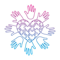 puzzle pieces heart love with hand  icon image vector illustration design  blue to purple line