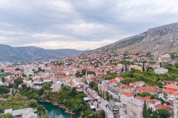 Fototapeta na wymiar Aerial view on the city Mostar and Old Bridge. Bosnia and Hercegovina.