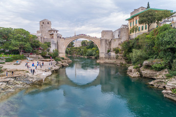 Fototapeta premium Aerial view on the city Mostar and Old Bridge. Bosnia and Hercegovina.