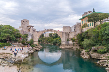 Obraz premium Aerial view on the city Mostar and Old Bridge. Bosnia and Hercegovina.