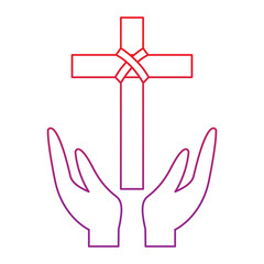 Obraz premium cross and hands christian catholic paraphernalia icon image vector illustration design red to purple line