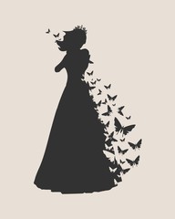 Sexy woman silhouette in evening dress. Medieval queen or princess monochrome silhouette with butterflies © JEGAS RA