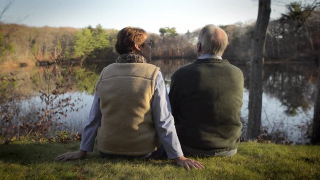 Rear view of senior couple looking at lake