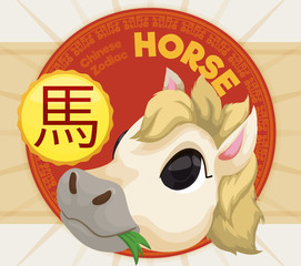 Cute Head of a Horse with Label for Chinese Zodiac, Vector Illustration