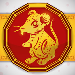 Button with a Golden Rat for Chinese Zodiac, Vector Illustration