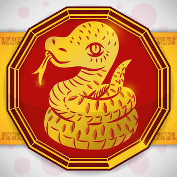 Button with a Golden Snake for Chinese Zodiac, Vector Illustration