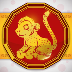 Button with a Golden Monkey for Chinese Zodiac, Vector Illustration