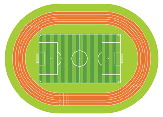 Aerial view of a soccer field drawn with white line on a green background with a running track around the soccer field. Vector image
