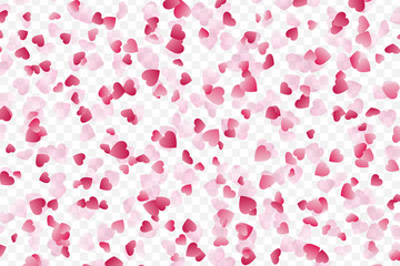 Heart confetti of Valentines petals falling on transparent background.