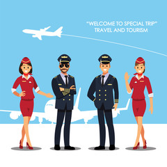 Pilot, capitan  , flying attendants  ,air hostess  , Vector illustration cartoon character - obrazy, fototapety, plakaty