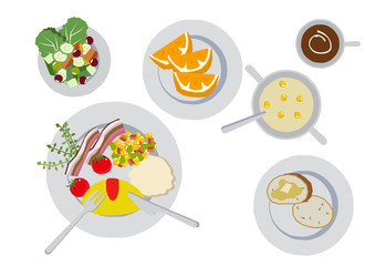 朝食。オムレツとパン。食事のイメージ。