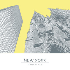 New York. The Cathedral of St. Patrick and a skyscraper in Manhattan. Vector illustration in engraving style.