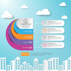 abstract half circle for business concept infographic with cloud and building background. Template for workflow layout, cycling diagram, graph, presentation, annual report, web design and round chart.