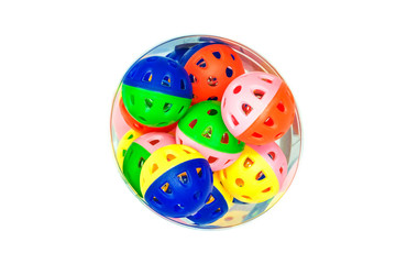 Colorful plastic bell balls, toys for dog and cat in box