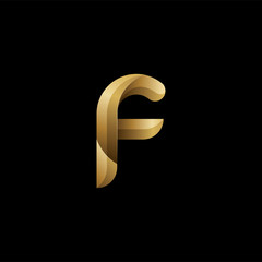 Initial lowercase letter f, swirl curve rounded logo, elegant golden color on black background