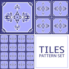 Set of 3 tile pattern vector seamless. Azulejo portuguese tiles, spanish, arabic, delft dutch or mexican talavera design. White and blue tiled print for wrapping, background or ceramic.