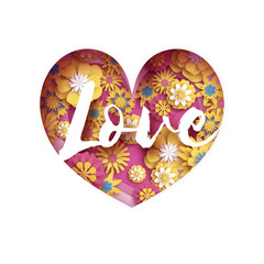Fototapeta premium Pink Yellow Love text in paper cut layered heart. Origami Happy Valentines day Greetings card. Romantic Holidays on blue sky. 14 February. Flowers. Spring blossom. Modern decoration.