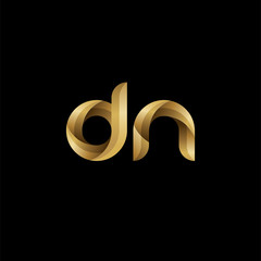 Initial lowercase letter dn, swirl curve rounded logo, elegant golden color on black background