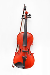 Fototapeta na wymiar Violin with bow upright on white background