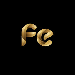 Initial lowercase letter fe, swirl curve rounded logo, elegant golden color on black background