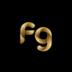 Initial lowercase letter fg, swirl curve rounded logo, elegant golden color on black background