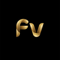 Initial lowercase letter fv, swirl curve rounded logo, elegant golden color on black background