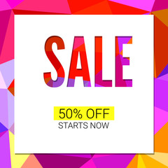 Fototapeta premium Sale banner on low poly background with elegant typography for sales offers. Modern simple, minimalist design. Card, banner, tag template. 3D illustration