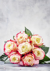 Festive bouquet of red and white roses, Valentines Day card, selective focus