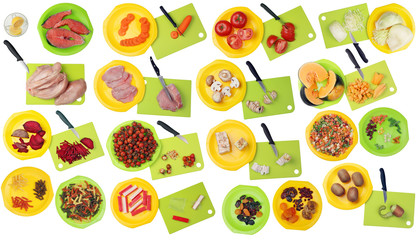 Stages of cooking in the kitchen. Vegetables and meat are cut on plastic boards.