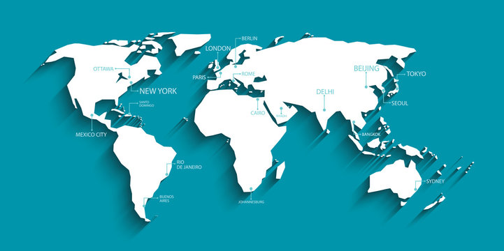 Modern world map with shadow and capital name. vector. © negoworks