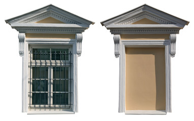 Two windows in vintage style with stucco plaster decorations