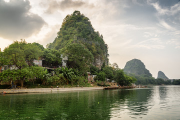 Beautiful wooded karst mountains and the Li River in Guilin