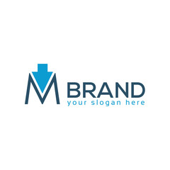 M logo with arrow. M letter. Flat logo design