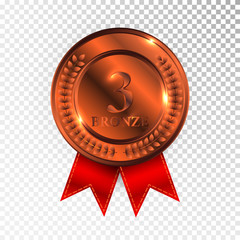 Champion Bronze Medal with Red Ribbon Icon Sign. Third Place Collection Set Isolated on Transparent Background. Vector Illustration